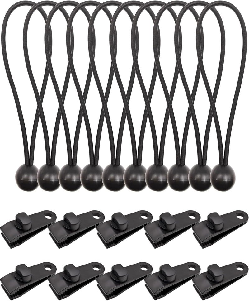 BINCKIN 20 Pcs Heavy Duty Tarp Clips with Bungee Cord Balls, Lock Grip Secure Clamps for Tent, Canopy, Awning & Camping Gear (Black) - Image 1